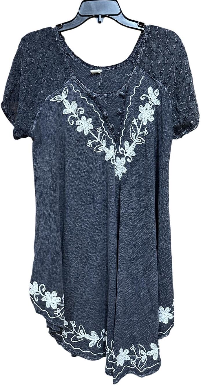 Ravens Sun Dress Plus 2X Gray White Embroidered Floral Boho Hippie Tunic